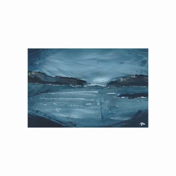Sold original ACEO acrylic painting inspired by a peaceful Scottish loch, featuring soft blue tones and an atmospheric landscape. Mtierney
