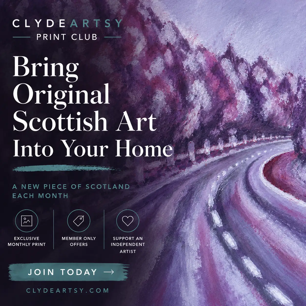 Promotional graphic for the Clydeartsy Print Club featuring an abstract Scottish landscape painting in purple and blue tones with information about exclusive monthly art prints and member benefits.