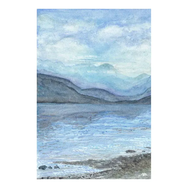 Sold original watercolour painting of Gareloch featuring cool blue tones, soft washes and a tranquil Scottish waterscape.