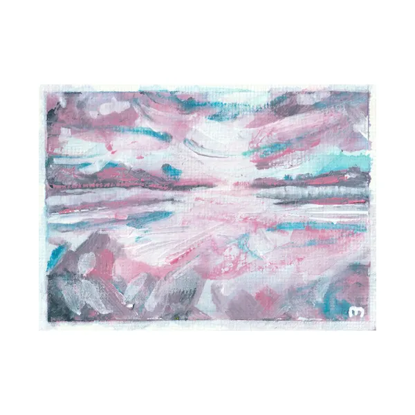 Sold original ACEO acrylic painting of Loch Lomond at night, featuring deep blue tones, soft pink highlights and reflections across the water.