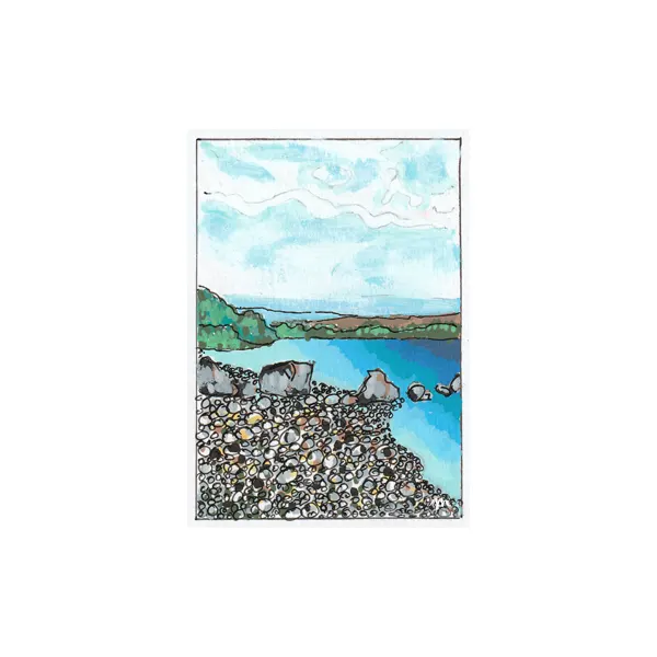 Sold original ACEO painting of Milarrochy Bay on Loch Lomond, created with acrylic paint and pen, featuring shoreline details and atmospheric Scottish scenery.