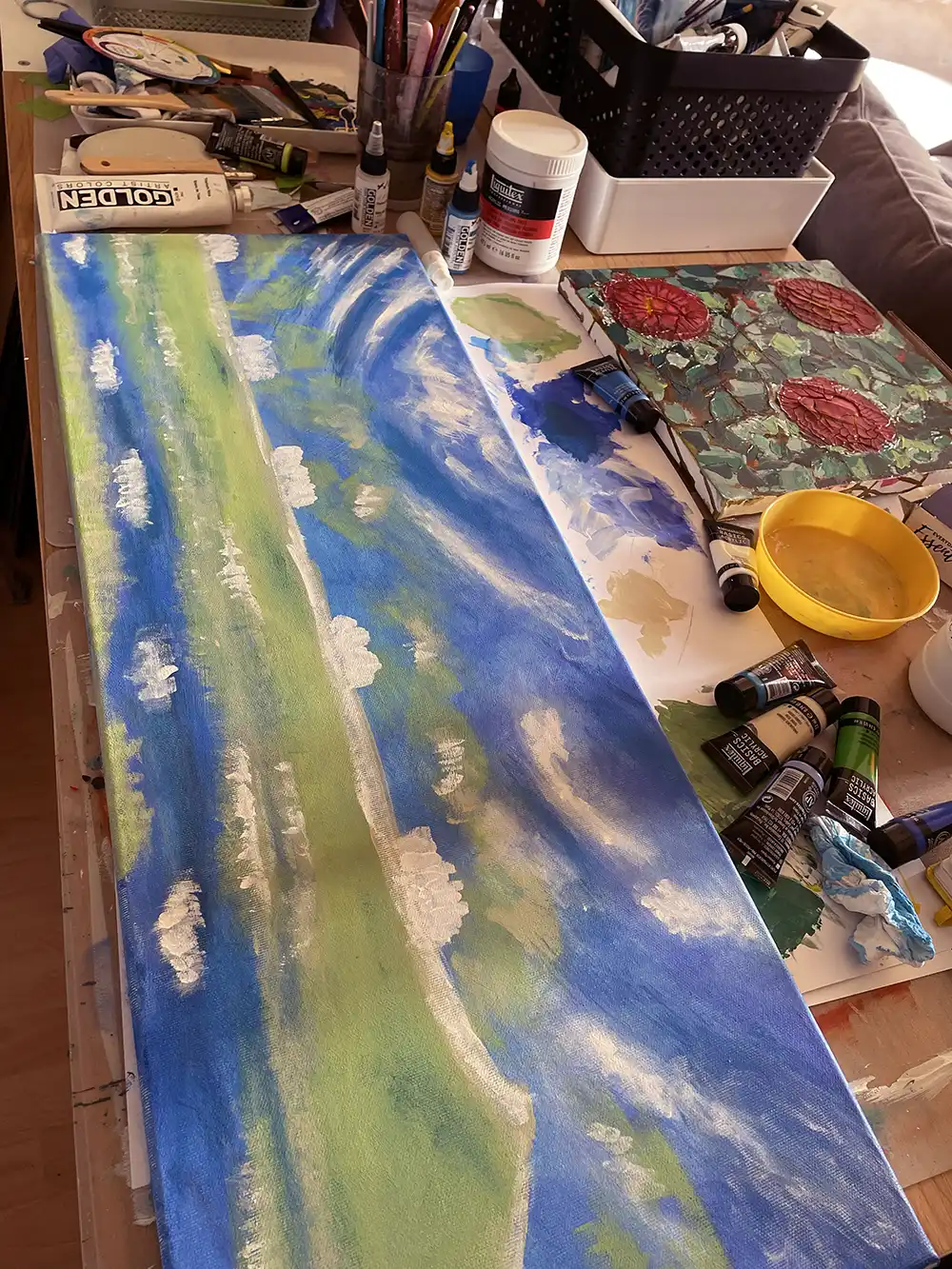 Scottish artist Michelle Tierney beginning a new painting, working with colour, texture and expressive mark-making in her creative process.