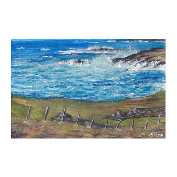 Sold original watercolour painting inspired by the waters surrounding the Shetland Isles, featuring blue and green tones and an atmospheric coastal scene.