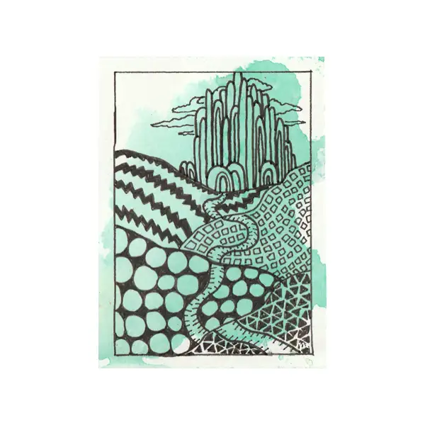 Sold original ACEO artwork featuring green watercolour splashes with intricate black zentangle patterns and expressive ink details.